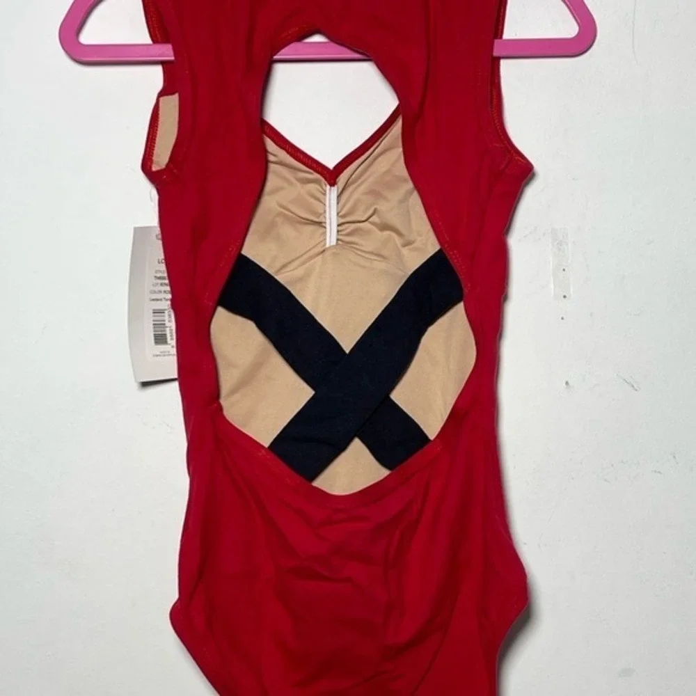 CM Theatricals Classwear Red Black Keyhole Dance Leotard Sleeveless Open X Back